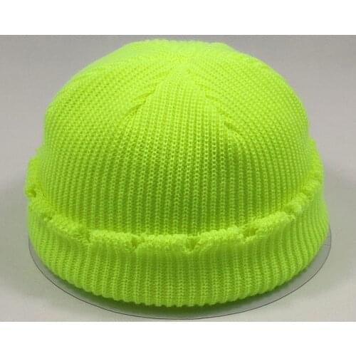 Men women short shabby cuff beanie holes plain knit cap double layer warm winter hats neon yellow neon green black blue pink