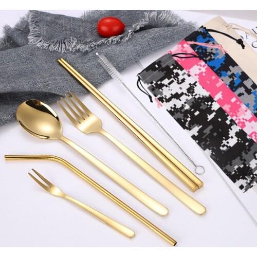 304 stainless steel straw spoon Fork hat set camouflage titanium plating creative portable bag tableware seven-piece set