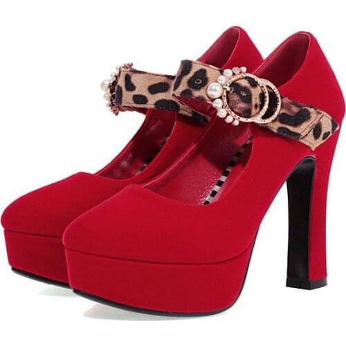 IPPEUM Designer Shoes Women Pumps Buckle Strap Platform Leopard Pearl Shoes Pointed Toe Chunky High Heels Party сандали женские