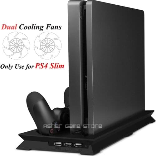 PS4 Slim Console Vertical Stand 2 Controller Charger 2 Cooler Fan for Sony Playstation 4 Play Station PS 4 Games Accessories