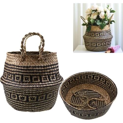 Handmade Vintage Storage Basket Plant Flower Pot Laundry Sundries Organization Seagrass Storage Container Home Garden Decor