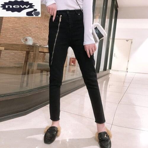 Women Casual Black New Zipper Deisgner High Waist Autumn Fleece Lining Denim Pencil Pants Slim Fit Trousers Female Jeans