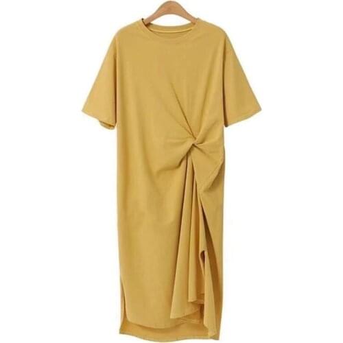 Woman Dress 2021 Summer Short Sleeve Side Split Casual Shirt Midi Dress Korean Style Ladies Simple Tee Shirt Dresses Plus Size