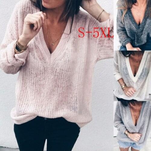 Plus size Loose Knitting Sexy Plunging V Neck Women Sweaters And Pullovers Fall Fashion Jersey Mujer Invierno ey