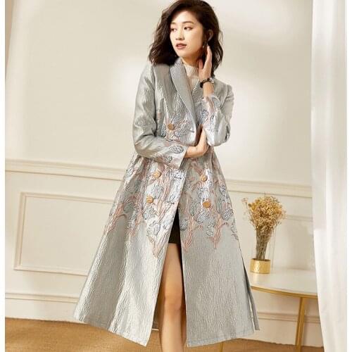 2021 Spring Fall Fashion Women Clothes Double Breasted Dobby Flower Grey Trench Coat, Long Windbreaker Coats for Woman