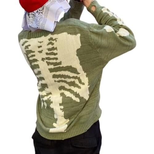 Women Men Crew Neck Skeleton Print Sweater Halloween Casual Long Sleeve Knit Harajuku Retro Punk Pullovers Sweaters Tops