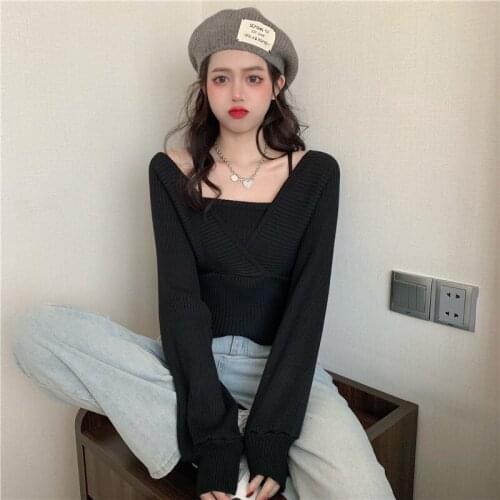 Women Short Crop Top Slim Slimming Knitted Sweater Square Neck Casual Fake Two-Piece Solid Thin Camisole Tank Top