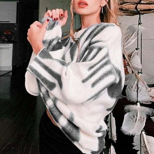 2021 Autumn Vintage Print Knitted Sweaters Women Winter Korean Fashion Casual Loose Jumpers Ladies Long Sleeve Pullover Y2K Tops