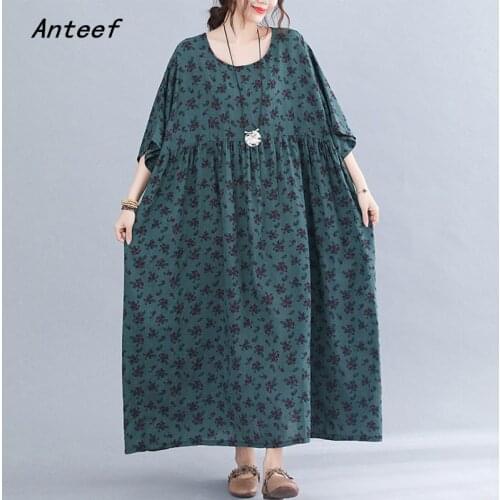 Short sleeve cotton vintage floral dresses for women casual loose long summer dress elegant clothes 2021 sundress