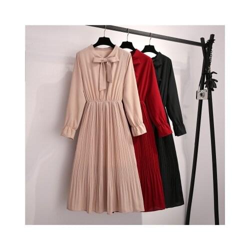Women O-neck Pleated Slim Long-sleeved Solid Color Bow Dress Lady Sweet Wind Elastic Elastic Waist Pullover Dress Spring Autumn