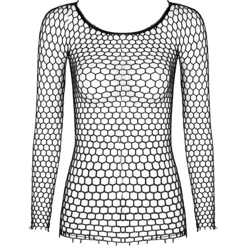 Women Sexy Dress See-through Mesh T-shirt Long Sleeve Exotic costumes Hollow Out Fishnet Tops Clubwear Female Bathing Suit