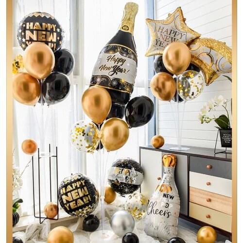 Happy New Year Gold Black Foil Balloon bottle Star Air Globos Xmas Party decor for home Navidad New Year 2022 Eve Party Supplies