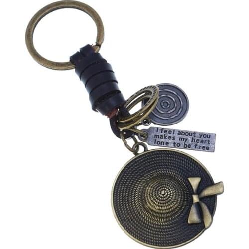 Fashion Vintage Women Hat Keychain Alloy Pendant Handmade Bag Keyring Retro Weave Leather Car Key Chain Kids Girls Jewelry Gift