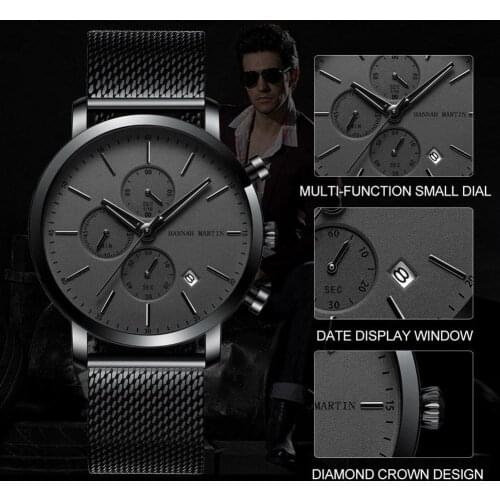 Hannah Martin Men Watch Men Multi-functional Stainless Steel Business Quartz Wristwatch Male Clock relogio masculino 2020