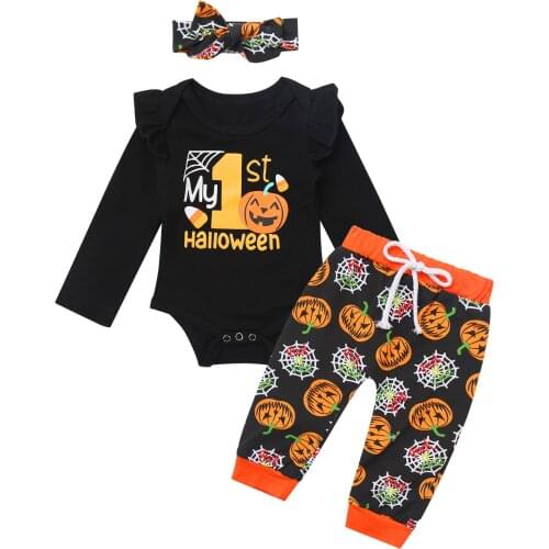 Infantil Baby Girls Halloween Cosplay Party Costumes Pumpkin Pattern Printed Romper with Headband Pants Set for Holiday Clothes