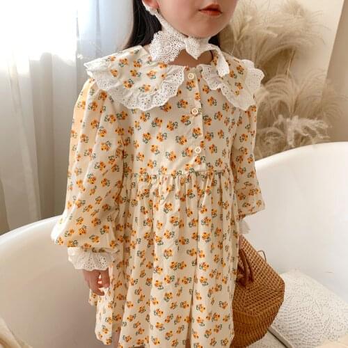 KOKI 2021 Children Girls Dress Floral Print Turn Down Lace Collar edge Long Sleeve Spring Summer Loose Kids Clothing Outfi