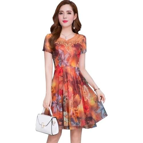 Summer Dress Women New Plus Size 5XL Elegant Chiffon Printing Dress Middle Womens Long O-neck Dress Vestidos Ladies Dresses