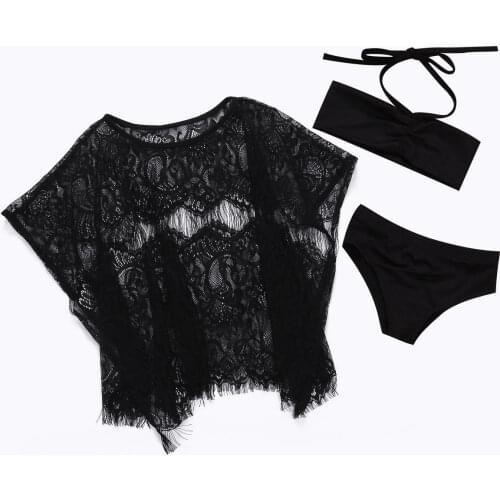 Girls Summer Lace Bikini Set Beach Wear Outfits With Hollow Out Lace Cover Up Set