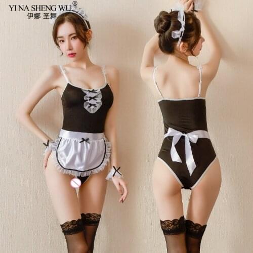 Cute Pink Sexy French Maid Uniforms Lace Sling Leotard With Ruffles Jumpsuit Aprons Women Cosplay Costume Erotic Lingerie Outfit