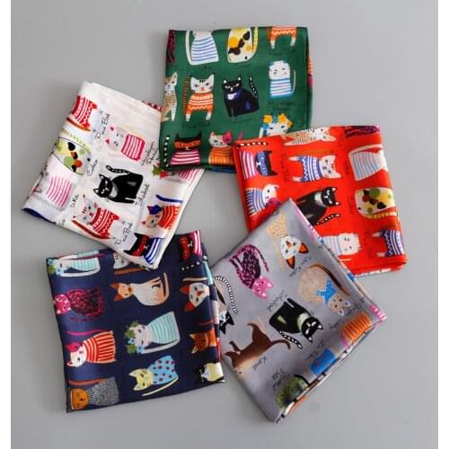 Fashion Hijab Scarf For Women Silk Cat Print Kerchief Head Scarfs Female 90cm*90cm Square Shawls Wraps Neck Scarves For Ladies