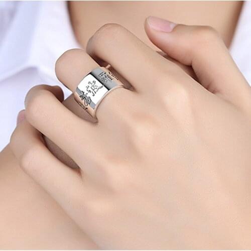BOCAI New solid s999 pure silver men heart ring Thai silver six-character mantra Buddhist wide version ring for man