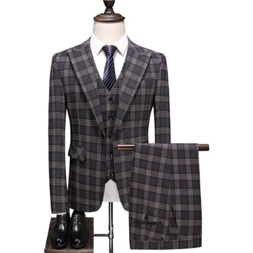 Men Fashion Boutique Casual Business Suit Groom Wedding Dress Plaid Formal Suits Set Three - piece S-5XL