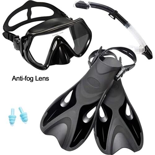 Snorkel Set with Fins Impact Resistant Tempered Glass Anti-Fog Snorkeling Mask-Adjustable Diving Swimming Flippers Gear
