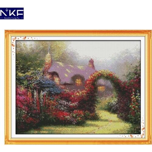 NKF Garden Cabin Cross Stitch Pattern 11CT 14CT Painting Needlework Embroidery Kit Scenery Cross Stitching for Home Decor