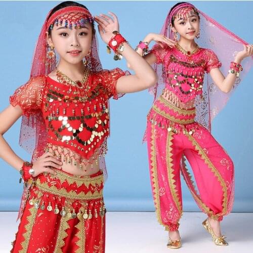 New Oriental Dance Clothes Kids Belly Dance Costumes Set Girls Bollywood Indian Belly Dancing Clothing Multi-Color 4Pcs/Set