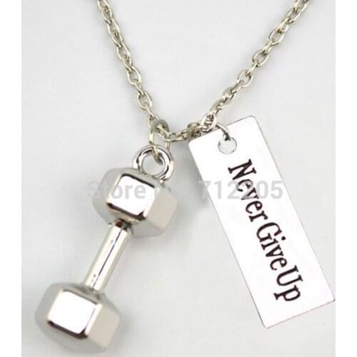 New Arrival Fitness Weightlifting jewelry Large Dumbbell barbell with Never Give Up Gym sports necklace