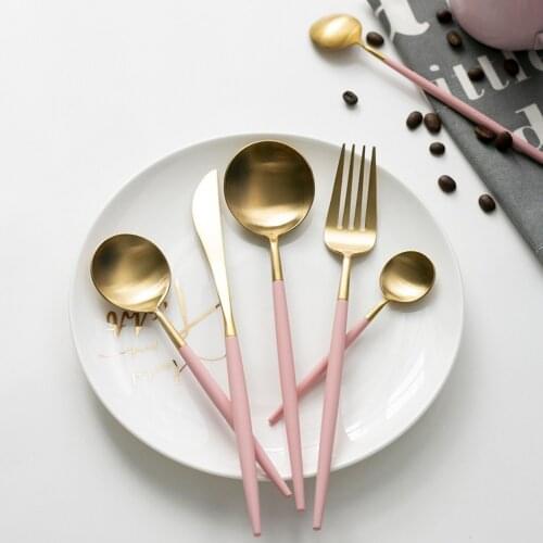 Wholesale Support Portuguese Style Craft matte Pink Girl knife 304 stainless steel fork spoon 4pcs silverware tableware set