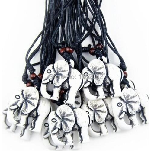 Jewelry Wholesale 12 pcs Ethnic Amulet Yak Bone Carved Lucky Elephant Charm Pendant Wood Beads Adjustable Necklace MN230