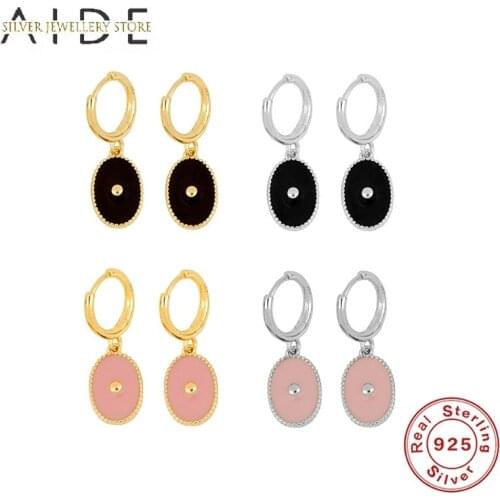 AIDE 925 Sterling Silver Oval Pendientes Hoop Earrings For Women Fashion Pink Black Egg Shape Piercing Huggie Earings Jewelry