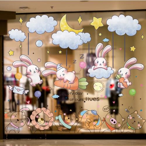 [SHIJUEHEZI] Rabbit Animals Wall Sticker DIY Cartoon Clouds Wall Decals for Kids Bedroom Baby Room Nursery Home Decoration