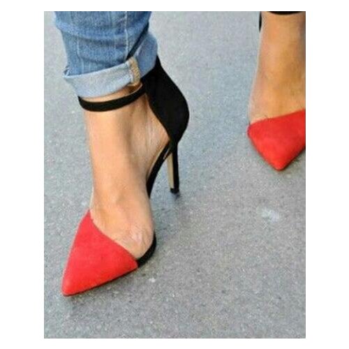 Pumps Women Shoes Red Black Suede Leather Patchwork Shoes Heels High Pointed Toe Contrast Color Ladies Wedding Shoes Plus Size