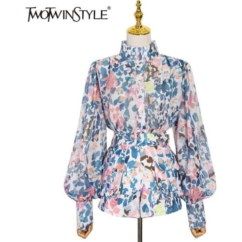 TWOTWINSTYLE Casual Two Piece Set For Women Stand Collar Long Sleeve Shirts High Waist Lace Up Shorts Female Print Sets 2021 New