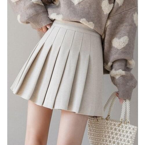 Winter Fall Preppy Style Student Ladies High Waisted Pleated Woolen Mini Skirt , Sweet Cute Ladies Beige Grey Black Wool Skirts