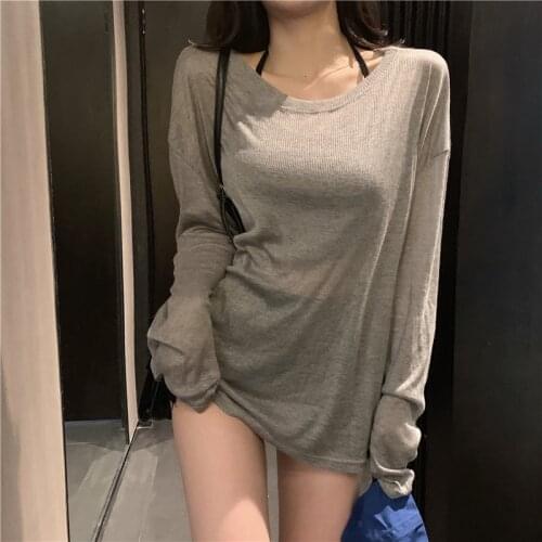 2021 Summer Thin Round Neck Long-Sleeved T-Shirt Women Oversize Loose Casual Micro-Through Top Pure Color Knitted Lazy Style Top