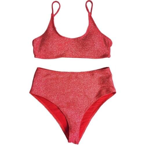 Women Sexy 2 Piece Bikini Set Shiny Shimmer Solid Color Push Up Padded Swimsuit High Waisted Tummy Control Brazilian Suit