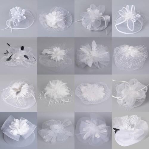 16design Handmade White Fascinators Flowers Church Hats Lace Feathers Veils Hair Clips Cocktail Weddings Party Women Hairpiece