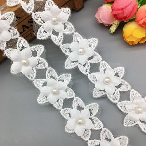 2 Yd White Cotton Flower Pearl Lace Trim Ribbon Fabric Embroidered Applique Trimmings Sewing Craft Baby Wedding Dress Decor