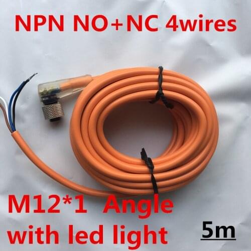 5PCS 5m cable M12* 1 NPN NO+NC 4 wires /pins Female angle female plug sensor connector female linker couple with led light