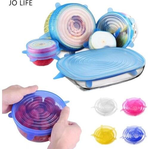 JO LIFE 6PCS/1SET Kitchen Reusable Silicone Fresh Keeping Lids Sealed Caps Dishes Covers Sealing Food Storage Stretch Lids