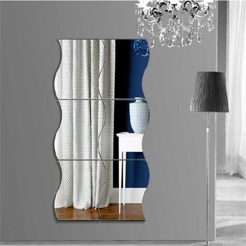 6 pcs Waves Shape Self-adhesive Tile 3D Mirror Wall Stickers Decal Room Decorations Modern Mirror Tiles Stickers
