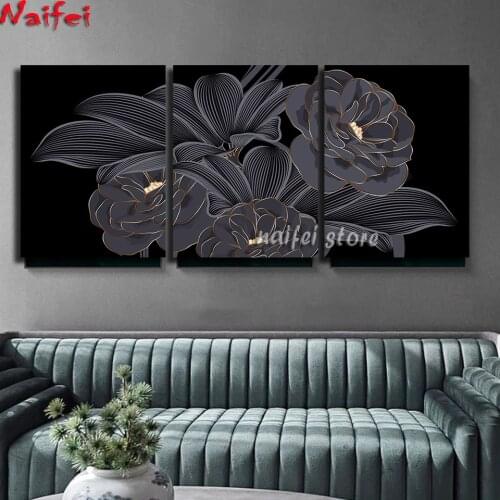 DIY Full Square Round Diamond Painting Rose 5D Picture Of Rhinestones Triptych Diamond Embroidery Flowers on black Background