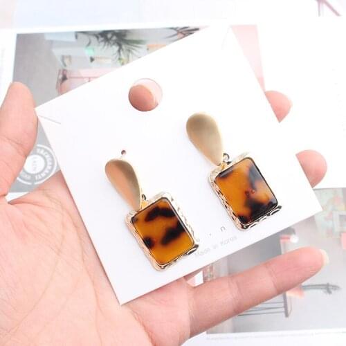 Antique Resin Stone Inlaid Square Golden Metal Frame Piercing Earrings Waterdrop Stud Earrings Vintage Women Party Jewelry 2020