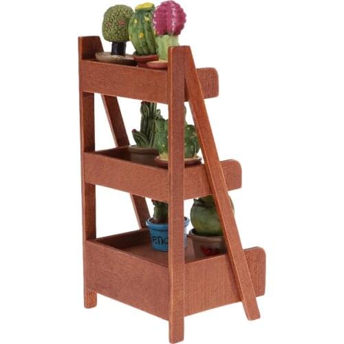Wooden Miniature Flower Rack Stand with Potted Plants Succulent for 1/12 Dollhouse Accessories Fairy Garden Decor