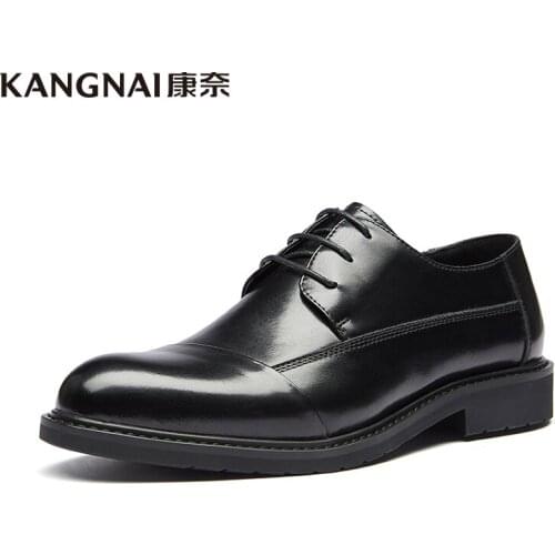 KANGNAI Men Dress Shoes Genuine Leather Business Wedding Formal Shoes Male Round Toe Lace-Up Derby Shoes