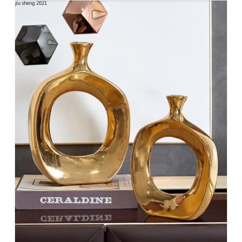 European-style Ceramic Golden Hollow Vase Living Room Bedroom Handicraft Flower Arrangement Creative Table Decor Vase Home Decor