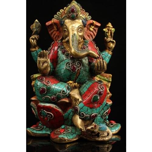 9"Chinese Folk Collection Old Bronze outline in gold mosaic turquoise gem Elephant Trunk God of Wealth Ornaments Town House